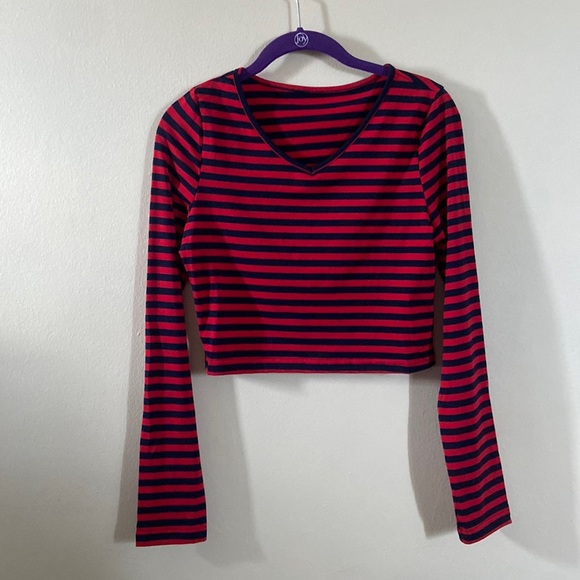 Tops - New Red &  Dark Blue Striped print Crop Top Long Sleeve Large Cute Preppy Fall